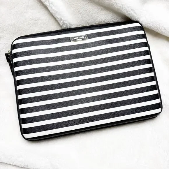 KATE SPADE New York Black & White Stripe Padded iPad Tablet Zip Case