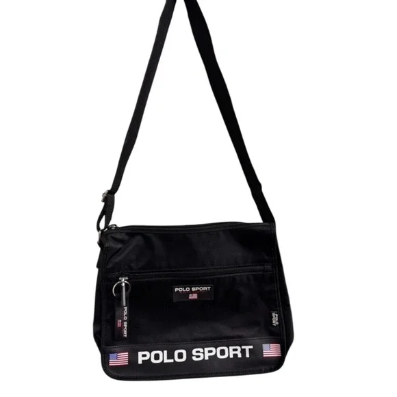 Polo Sport Ralph Lauren Black Nylon Messenger Crossbody Bag American Flag