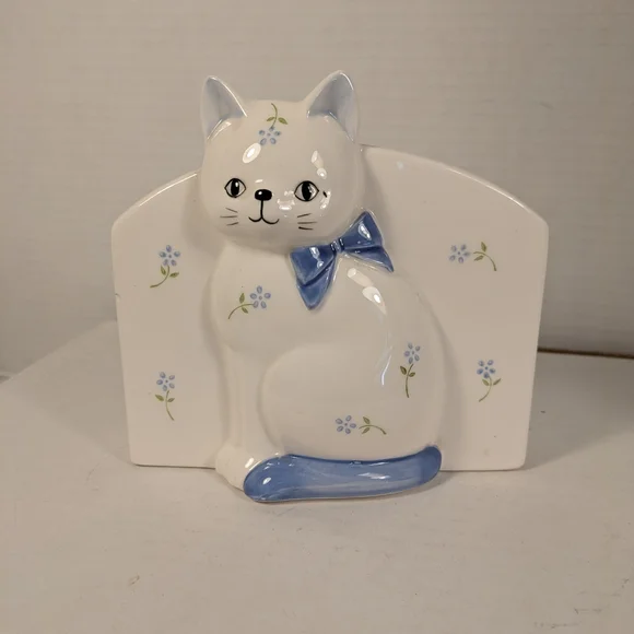 Ceramic Cat pen/ make up/ stationary Holder with Blue Accents by Otagiri