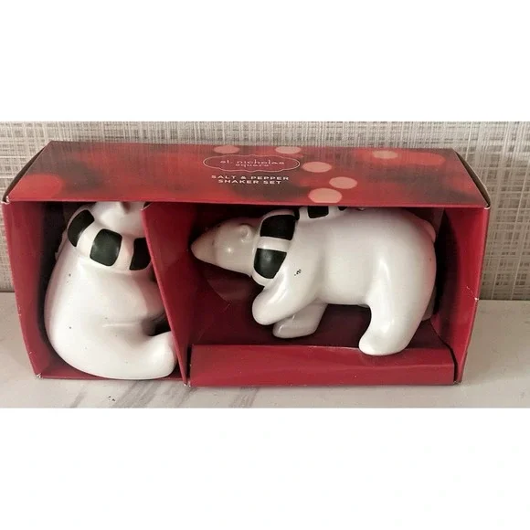 Polar Bear Bears Salt & Pepper Shakers Ceramic St. Nicholas Square New!‎ BxY