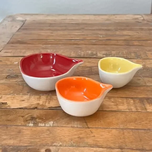 West Elm Set of 3 Ceramic Measuring Cups Red Yellow Orange 1 1/2 1/3 Cup
