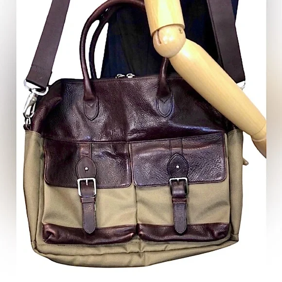 RALPH LAUREN Olive Green Canvas and Brown Leather Laptop Messenger Shoulder Bag