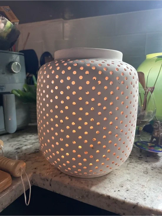 West Elm White Pierced Ceramic Lantern owned for 10 years
