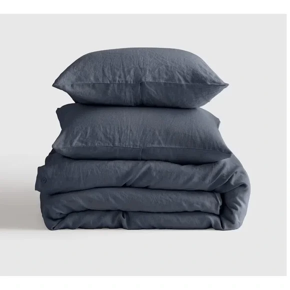 Quince European Linen Duvet Cover Set Twin Size Night Fall Blue 2 Piece w/ Shams