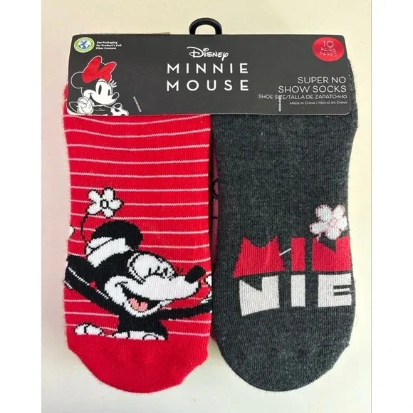 Disney Minnie Mouse Girls Super No Show Socks 10 Pair Pack Red Pink Grey 4-10