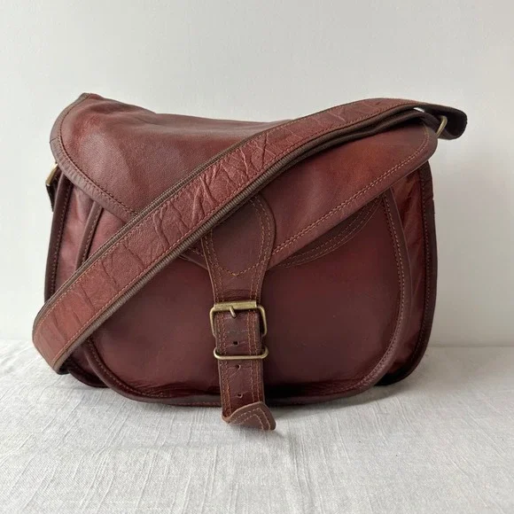 Vintage Brown Leather‎ Messenger Bag Crossbody Saddle Satchel Mahogany