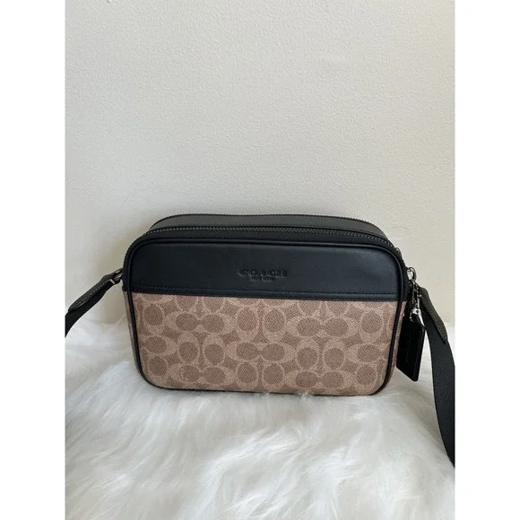 Coach Graham Tan Black Signature‎ Canvas Leather Crossbody Bag Excellent