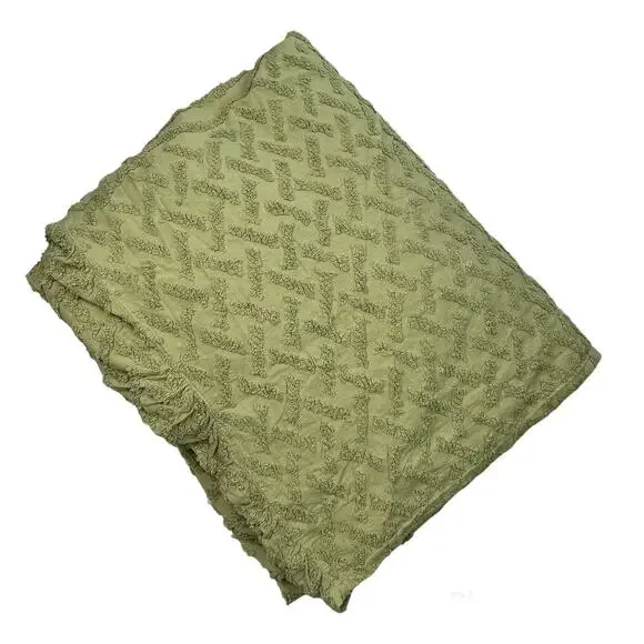 Vintage Chenille Bedspread Green King Size Upcycling Textile Cotton