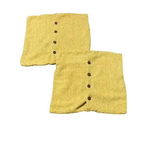 West Elm Yellow Brown Buttons Woven Weave Silk Cotton Pillow Cover Button‎ Back