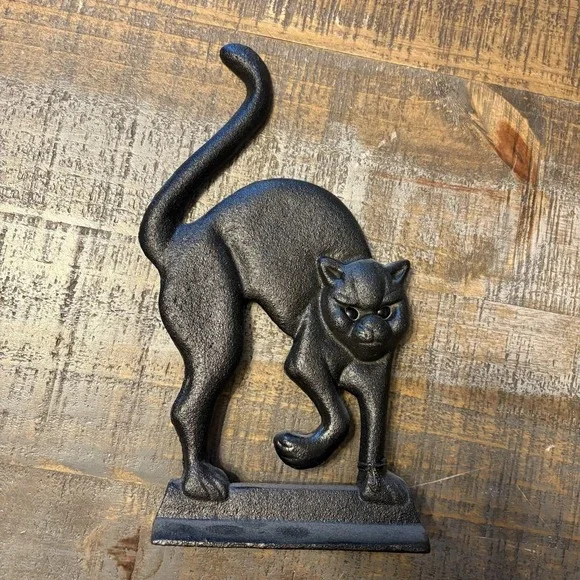 Vintage Cast Iron Door Stop Black Cat Spooky Feline Heavy 11