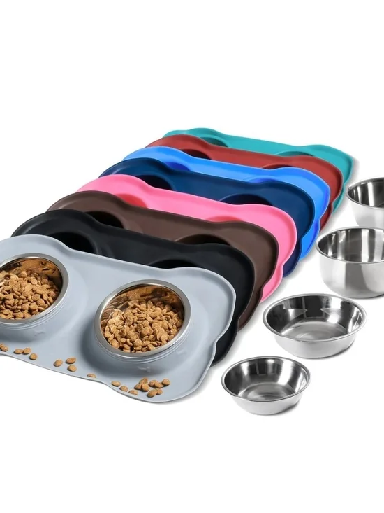 Silicone Double Pet Bowl Mat with Stainless Steel Bowls - Gray
