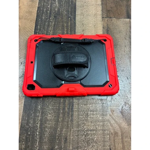 Seymac Rugged Tablet Case Red Black Shockproof Rotating Kickstand Hand Strap