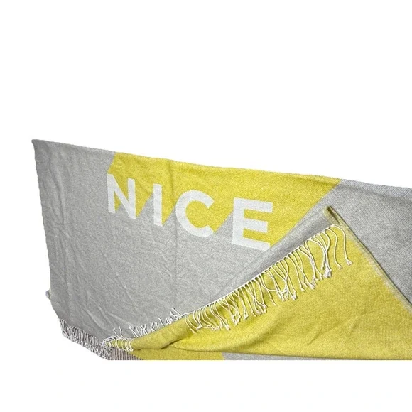 West Elm 'Nice' Throw Blanket Accent Quilt Gray Green-Yellow Fringe Slogan Soft