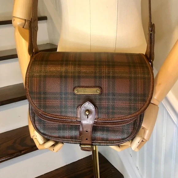 RALPH LAUREN Brown Tartan Plaid Multi Pocket Crossbody Messenger Saddle Bag