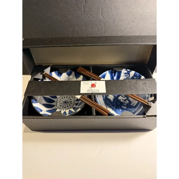 Japanese Blue White Dragon Rice Bowl Set w Chopsticks Made in Japan NIB