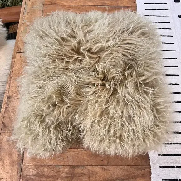 West Elm Pillow Sheep Fur 16” X 16” Cream Tan White Duck Feathers & Down Fill