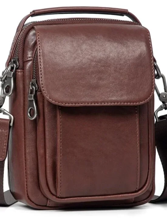 Men's Coffee Leather Shoulder Sling Travel Crossbody Stylish Magnetic Buckle Bag