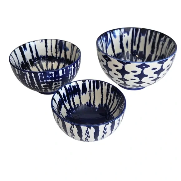 West Elm Indigo‎ Tie Dye Nesting Bowls Set of 3 Cobalt Blue & White Bowl Dish