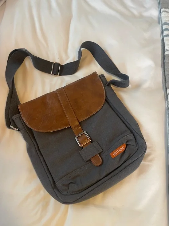 Doterra Gray Canvas Messenger Bag with Brown Leather Flap