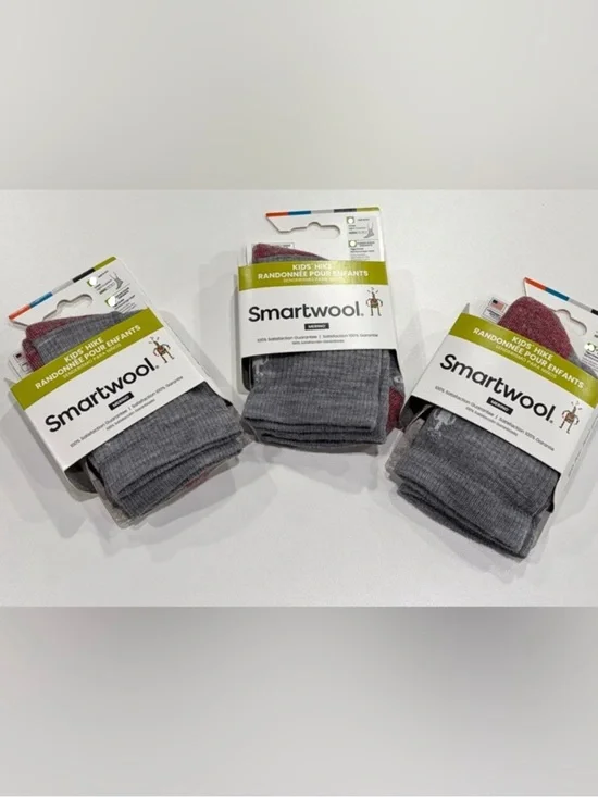 SmartWool Kids Large Light Cushion Hiking Socks 3-Pack Crew Grey Red NWT