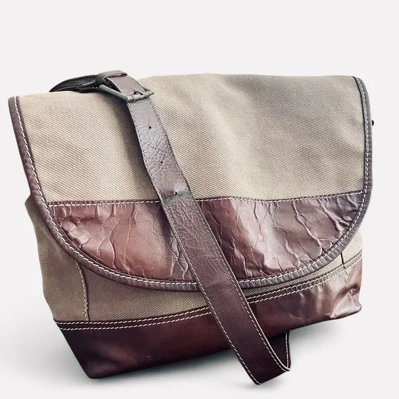 Lanidor Portugal Brown Buffalo Leather Canvas Messenger Bag Satchel‎ Crossbody