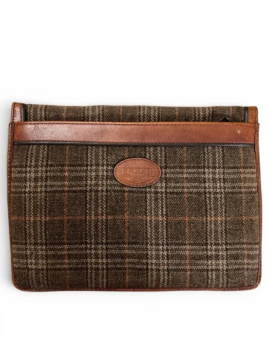 Fossil RARE Vintage Alpine Wool Plaid & Leather Clutch Document Bag Unisex