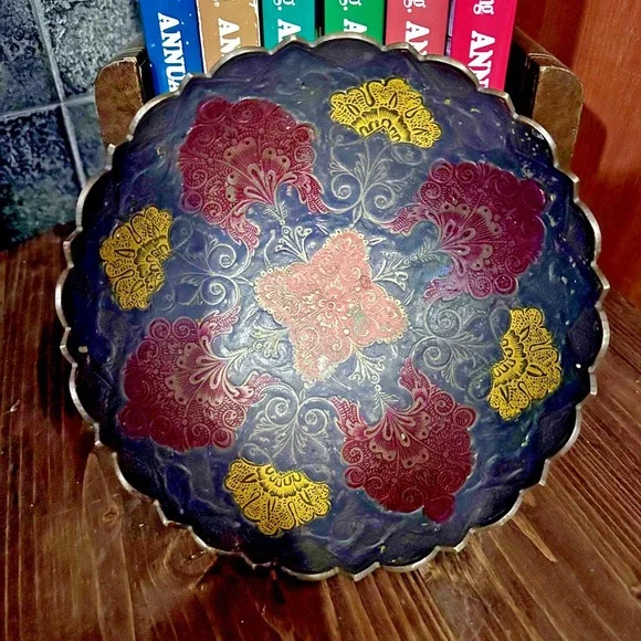 Vintage‎ India Brass/Enamel Hand Painted Scalloped Pedestal Fruit Decor Bowl