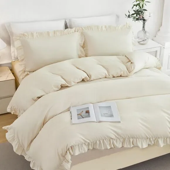 3 Pieces Beige Comforter Duvet Cover Set (Beige, Full Size)