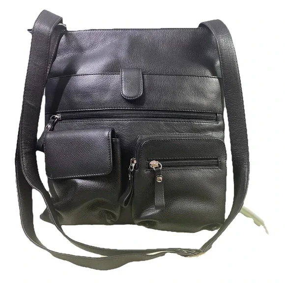 ili UNISEX Black leather Crossbody Messenger School Tablet Bag Purse 13x12x2