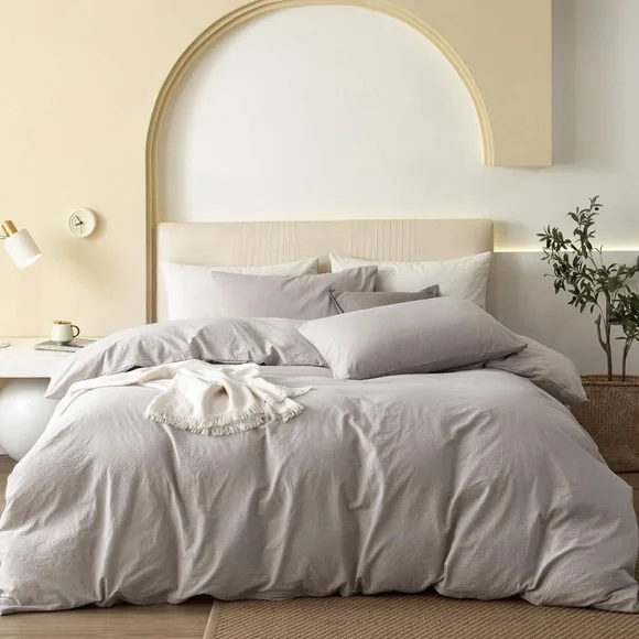 JIYUAN 100% Washed Cotton Duvet Cover Set 2 Pieces Twin Heather Grey 68x90