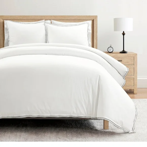 Lush Decor Hampton Embroidered Edge Cotton 3 Piece Duvet Cover Set King B&W