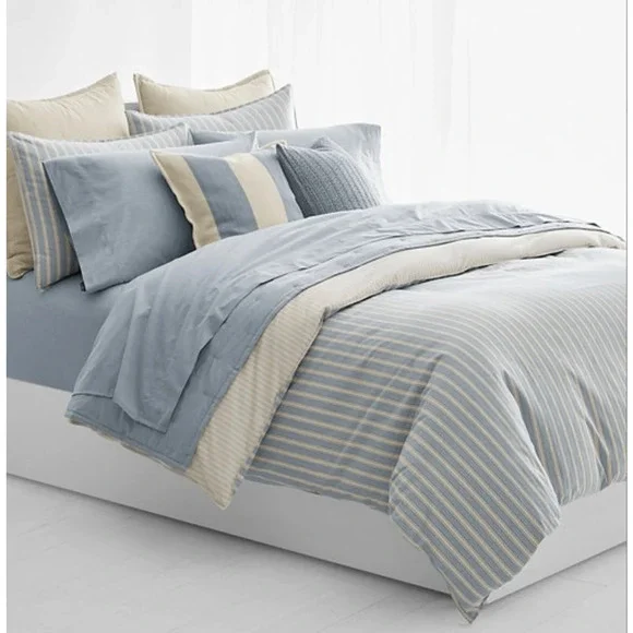 Ralph Lauren Graydon Melange Bold Stripe Full/Queen Duvet Dune Chambray NIP