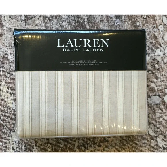 Ralph Lauren Graydon Melange Bold Stripe Full/Queen Duvet Dune Linen NIP
