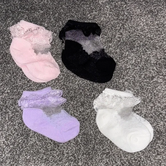 Charming Lace Trim Kids Socks Set - Pink, Black, Purple, White