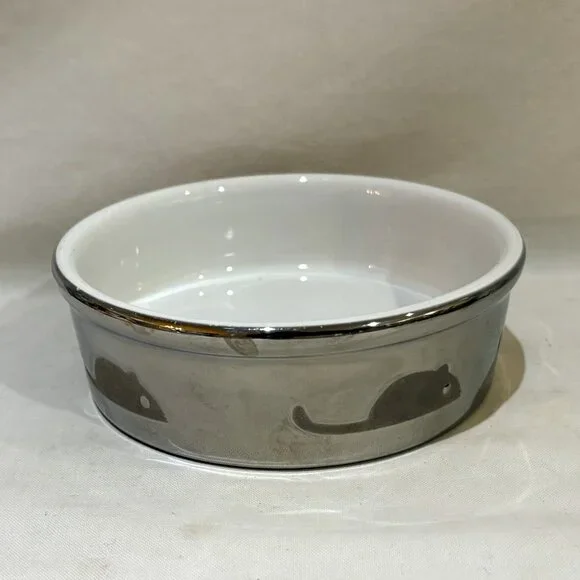 Small Ceramic Pet Bowl Silver Color with Mouse