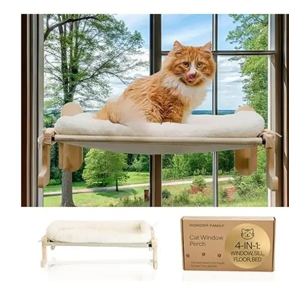 Foldable Cat Window Perch 4-in-1, 4 Heavy Duty Suction Cups, Screws, up to 44lb