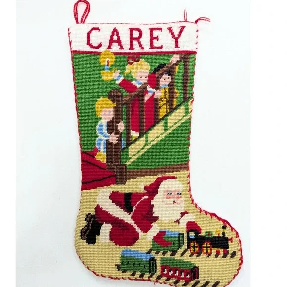 Vintage Needlepoint Stocking Santa Train Kids Stairs Quality Handmade w/Name
