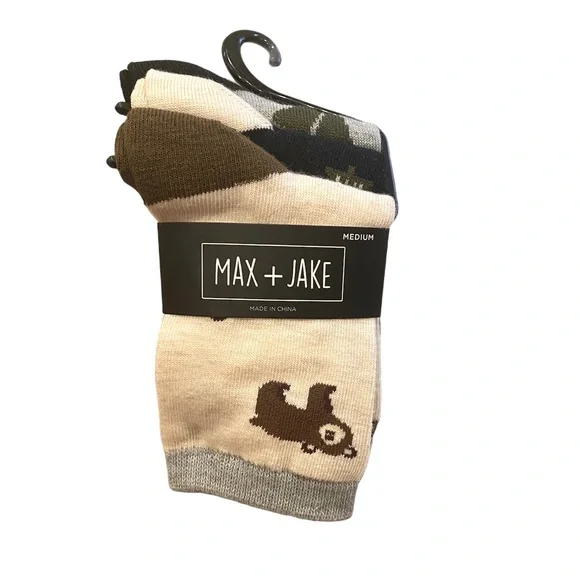 NWT Max Jake Socks Set 3 Brown Bears Campfire Trees Wilderness Brown Kids 9-1