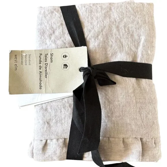 West Elm European Flax Linen Ruffle Standard Sham Gray/Lavender NEW