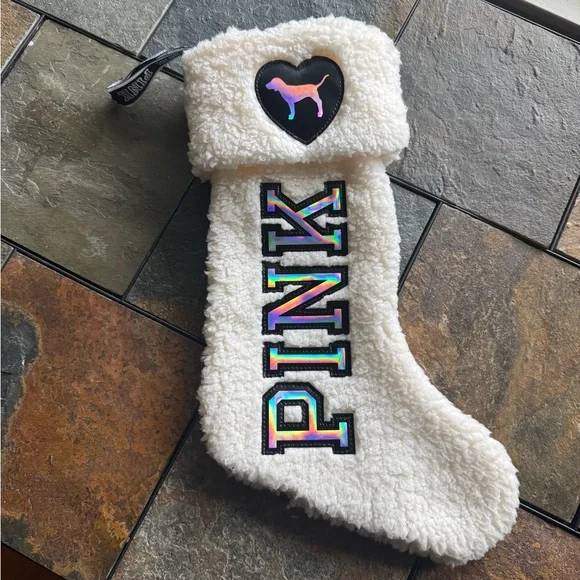 VS PINK Fluffy White Sherpa Iridescent Logo Stocking NWOT