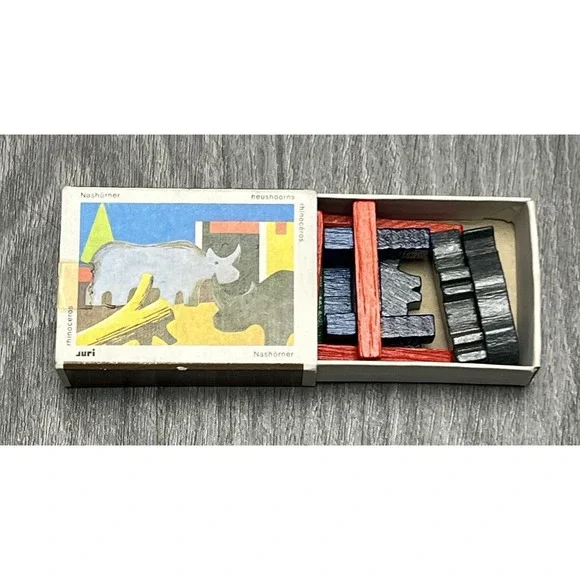 Vintage JURI Wooden Rhinoceros Puzzle Building Blocks Toy W-Germany Matchbox