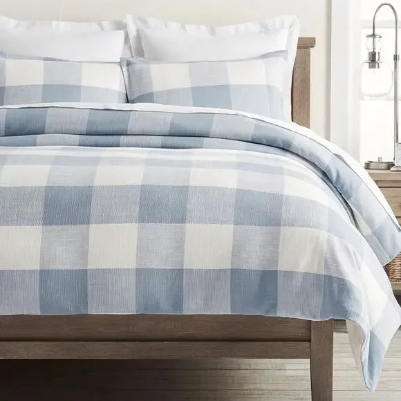 Pottery Barn Rhett Buffalo Check Cotton Duvet Cover Blue White KING / CAL KING