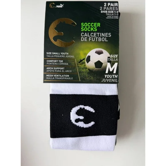 Puma‎ Soccer Socks Youth Medium 1-3 Black White NWT 2-Pack Performance Athletic