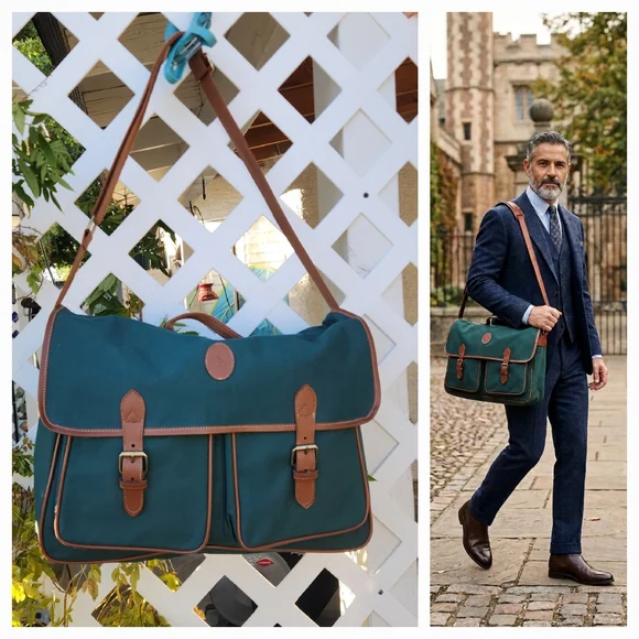 This item is a vintage green canvas messenger bag from Polo Ralph Lauren,