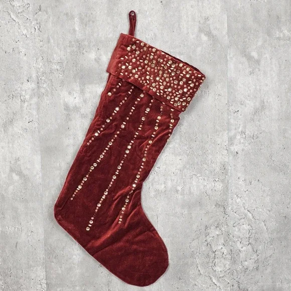West Elm Red Velvet Beaded Christmas Stocking‎ Jewel Embellished Holiday Decor