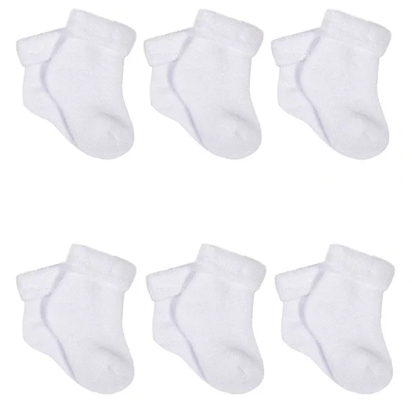 6-Pack Baby White Gerber Cuffed Terry Socks with Wiggle Proof ® Technology 0-3 M