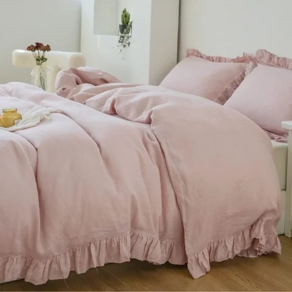 🆕 Luxury 100% Linen Ruffle Duvet Cover Set in QUEEN