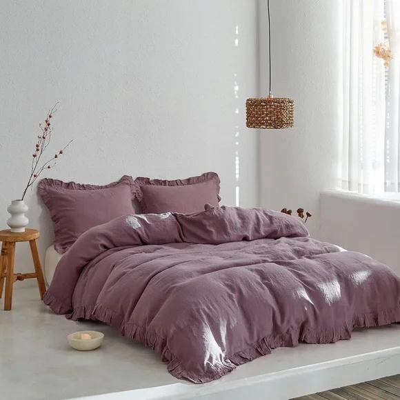 🆕 Linen Duvet Set Ruffle Luxury Washable King Bedding Set NEW NWT Purple Pink