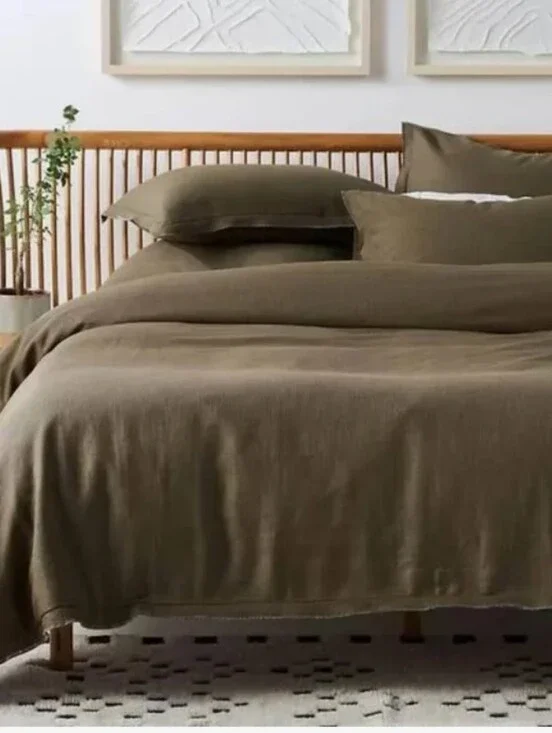 Anthropologie Olive Luxe Linen Blend Queen Duvet Cover, Frey Edges, Queen, NWT