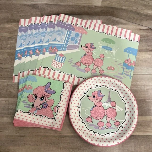 Vtg 2004 Pink Poodle In Paris Party Pack‎ For 8 Activity Placemats Plates Napkin